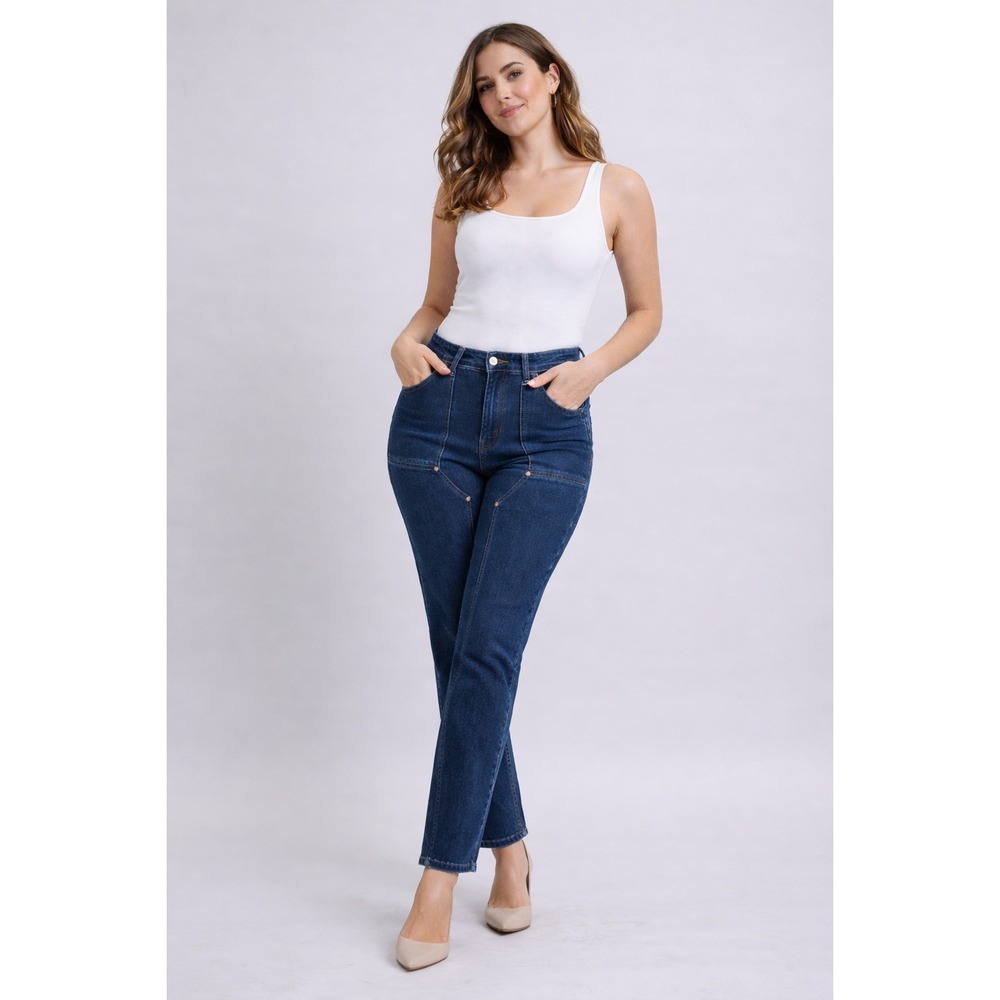 Judy Blue NWT High Waist Carpenter Straight‎ Jeans Knee Patch Dark Indigo 32x31